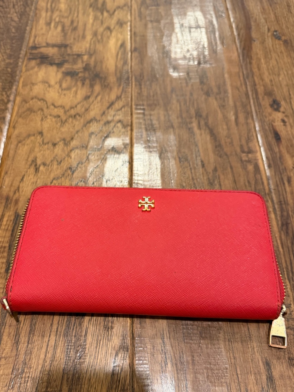 Tory Burch Red Zip-Around Saffiano Leather Wallet with Gold Logo